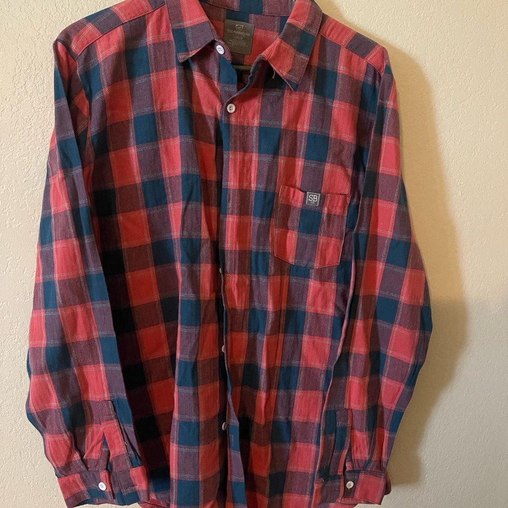 Women's Red and Blue Plaid Button Down Shirt